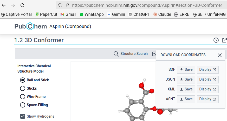 Exemplo do modelo da aspirina para download no PubChem.