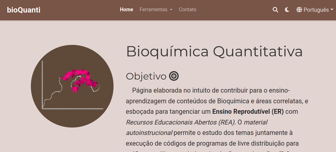 Bioquanti, um website autoral para estudos quantitativos em Bioquímica, e que inclui diversos modelos moleculares para o Jmol.